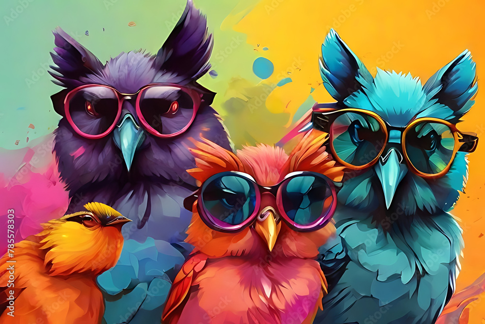  colorful owls with glasses. Generative AI