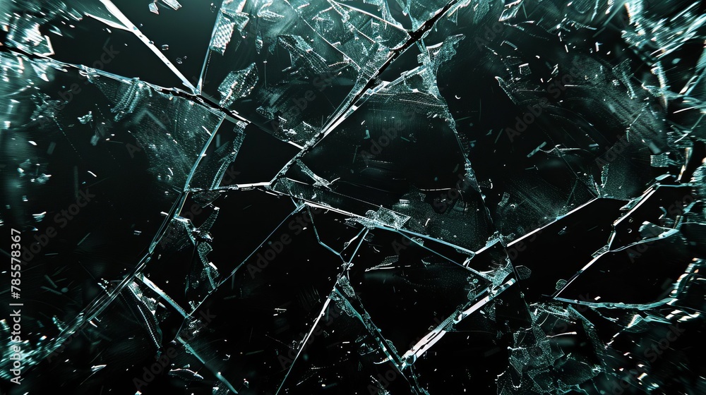 shattered glass texture on black background realistic broken glass shards and cracks abstract photo - obrazy, fototapety, plakaty 