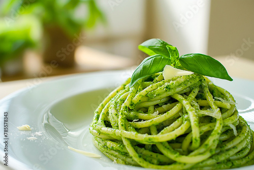 tasty traditional italian spaghetti pasta with green pesto alla genovese or genoese on a white plate, noodles from italy with basil photo