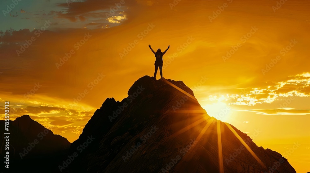 silhouette of a person standing on top of a mountain arms raised in triumph at golden hour sunset