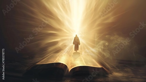 silhouette of jesus christ guiding the bright path sun rays shining through open bible book spiritual light concept digital illustration