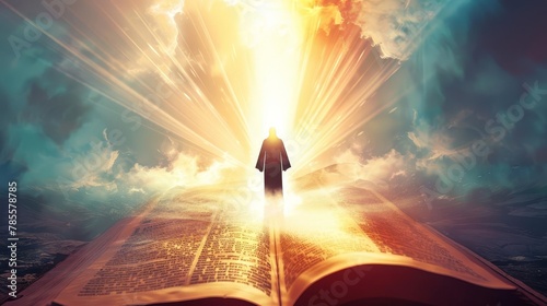 silhouette of jesus christ guiding the bright path sun rays shining through open bible book spiritual light concept digital illustration