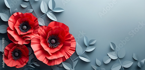 Banner with paper cut red poppy flower, symbol for remembrance, memorial, anzac day.