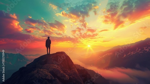 silhouette of person standing on mountain top watching vibrant sunset sky inspiring adventure landscape photograph photo
