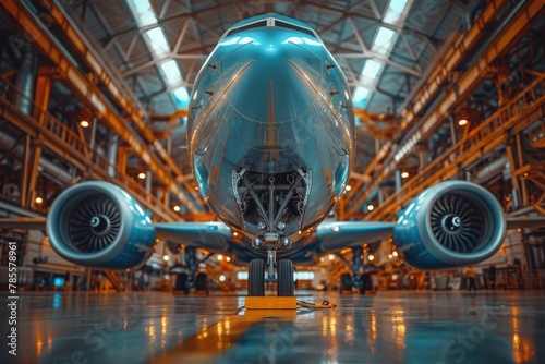 Commercial jet airliner centered in an aircraft hangar for inspection, with engines visible and landing gear deployed