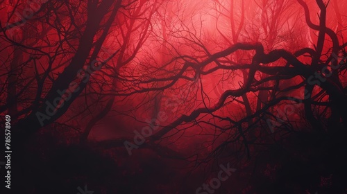 silhouette of twisted branches in red foggy forest eerie horror movie scene concept illustration