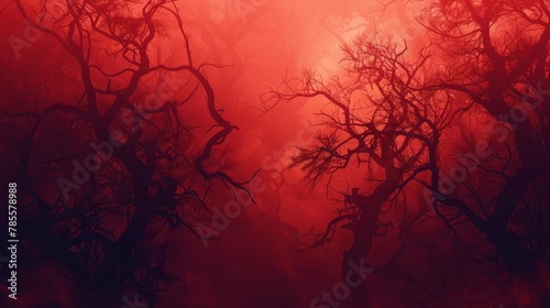 silhouette of twisted branches in red foggy forest eerie horror movie scene concept illustration