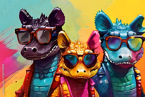 3 colorful crocodiles with glasses. Generative AI