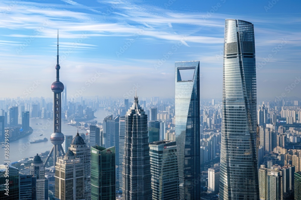 Fototapeta premium Bustling metropolis skyline showcasing towering skyscrapers and busy streets.