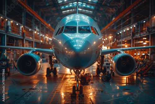 Majestic commercial airplane in a large hangar with intricate lighting and engineering marvel