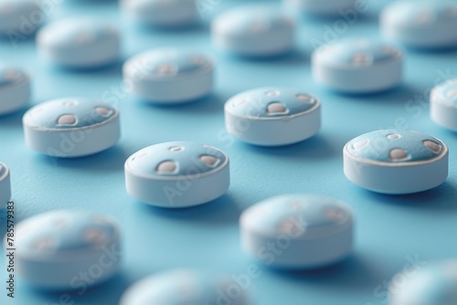A macro shot of light blue ecstasy pills with recognizable smiley face design, hinting at rave culture and substance use photo