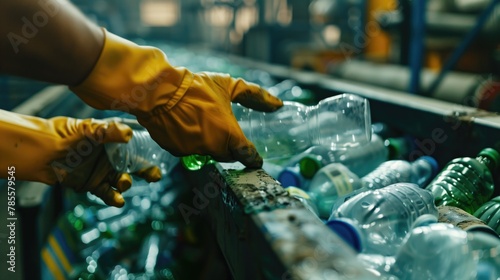 Worker sorts trash on conveyor belt at waste recycling plant  , generative ai photo