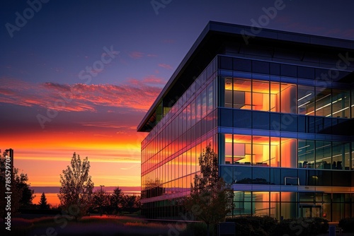 Modern corporate office building signifying business success at sunset.