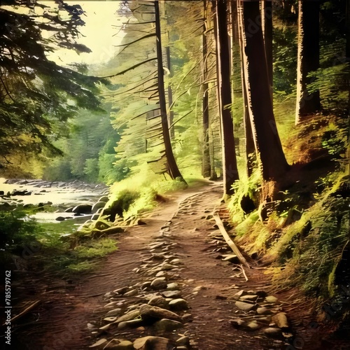 Digital painting of a trail in the forest with trees in the background © Hawk