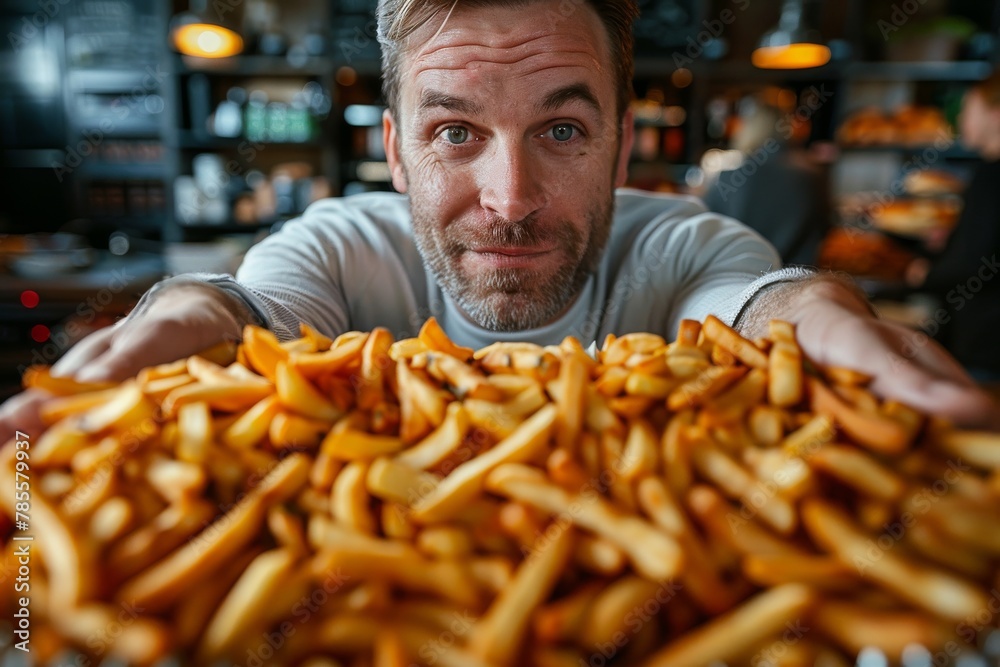 Excited man appears to guard a mountain of French fries before him Excited man appears to guard a mountain of French fries before him