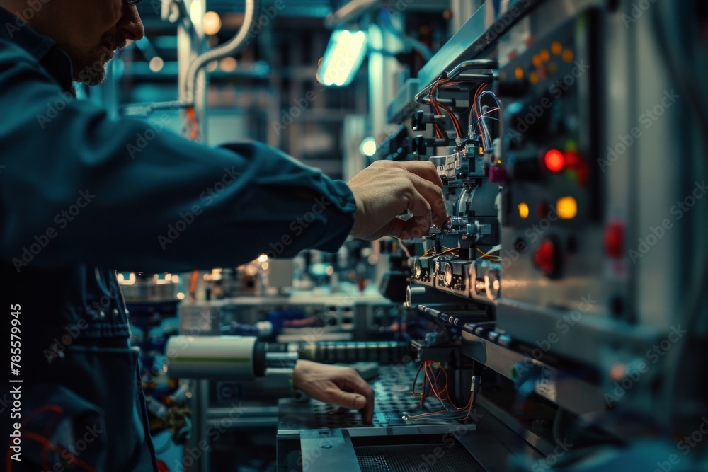 Connected machines interacting with workers at a smart factory, exemplifying the efficiency of Industry.