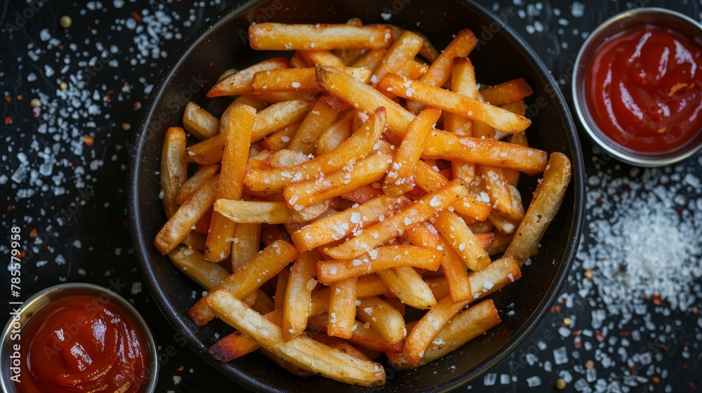 A bowl of French fries with ketchup on the table, accompanied by a small dish of salt A bowl of French fries with ketchup on the table, accompanied by a small dish of salt