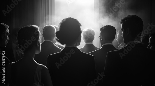 Group of business people leave an office building in the evening. Silhouettes of men and women. Black and white illustration.