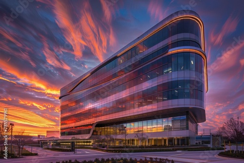 Modern corporate office building against a vibrant sunset, representing business success.