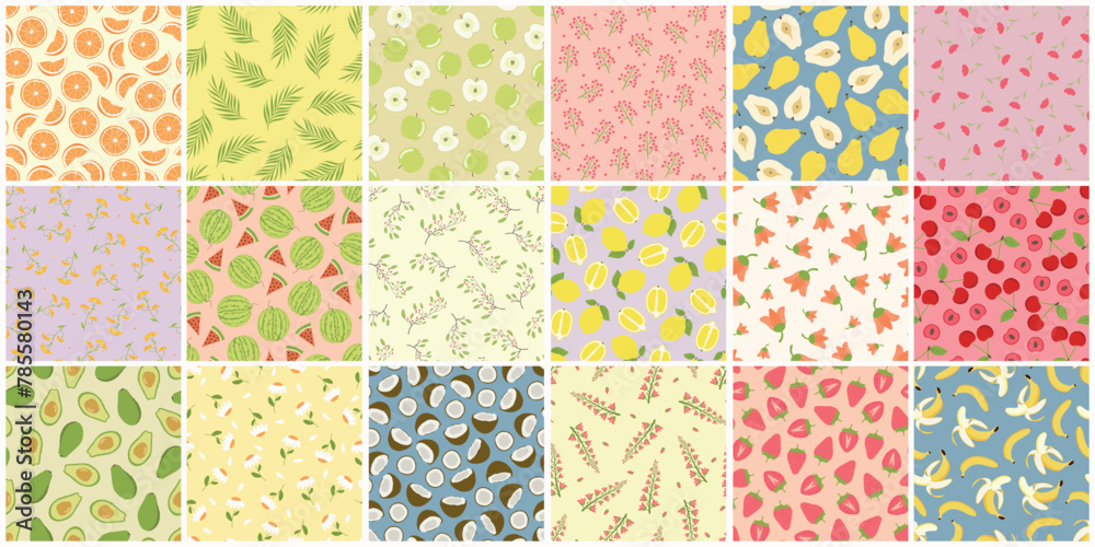Collection of bright colorful seamless patterns - summer design. Cute botanic endless prints. Repeatable unusual backgrounds with fruits and flowers Collection of bright colorful seamless patterns - summer design. Cute botanic endless prints. Repeatable unusual backgrounds with fruits and flowers