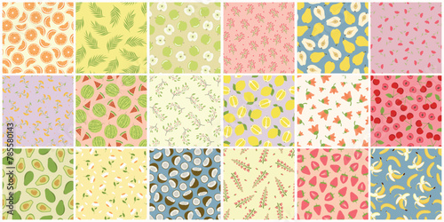 Collection of bright colorful seamless patterns - summer design. Cute botanic endless prints. Repeatable unusual backgrounds with fruits and flowers