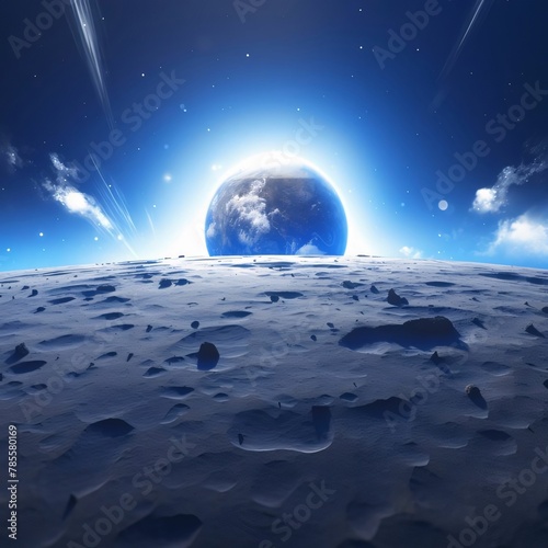 3d render of planet in space with stars and moon on background