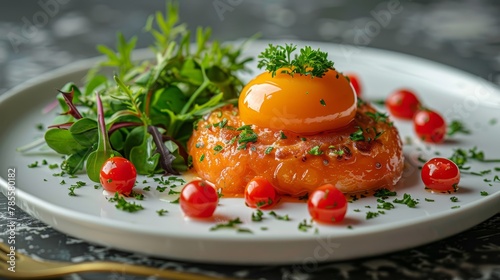   A white plate bears a salmon fillet, smothered in sauce, and adorned with green garnishes