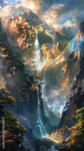 Mountain landscape with waterfall  forest and rainbow. Digital painting.