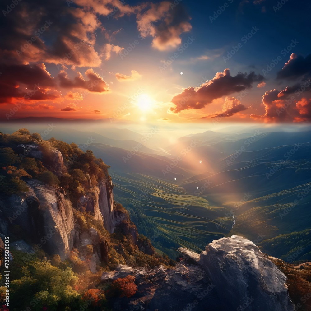 Mountain landscape. Sunrise over the valley. 3D render.