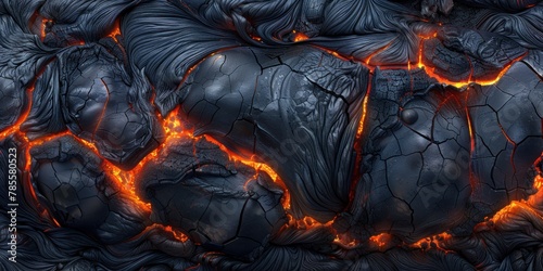 Detailed view of molten lava flowing and glowing intensely
