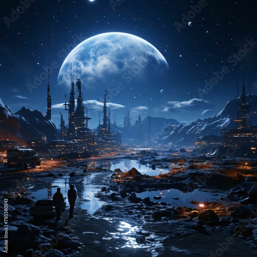 Fantasy landscape with a city and a large moon in the sky