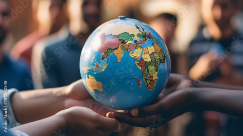 group of friends holding a globe in their hands, close-up
