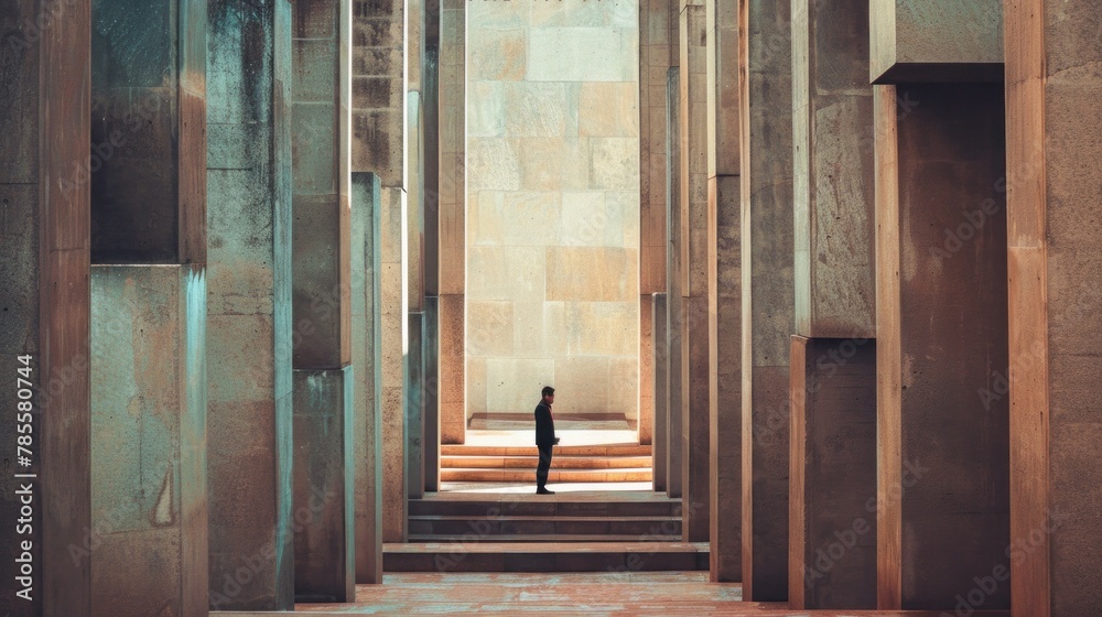 Entrepreneur standing before maze of towering doors, symbol of opportunity and obstacle, commerce and competition. Entrepreneur standing before maze of towering doors, symbol of opportunity and obstacle, commerce and competition.