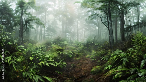 Mysterious forest with fog and sunlight. Fantasy forest with ferns