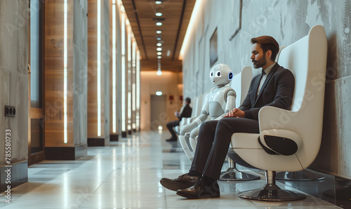 Man and AI robot waiting for a job interview: AI vs human competition photo