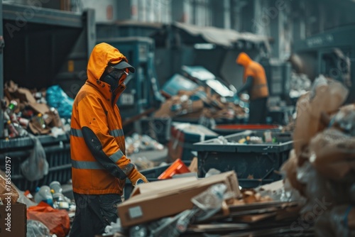 Busy recycling center with workers sorting through heaps of cardboard and plastic, embodying dedication to sustainability and environmental stewardship.