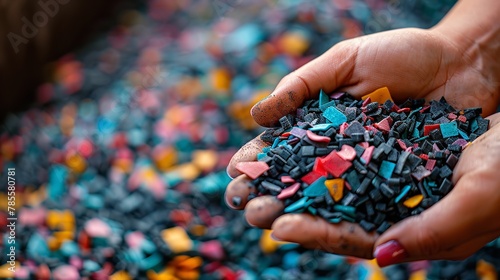 Hand of a woman holding semi-dull plastic pet polyester chips that can be transformed at an enterprise used for weaving cloth and space, Generative AI. photo