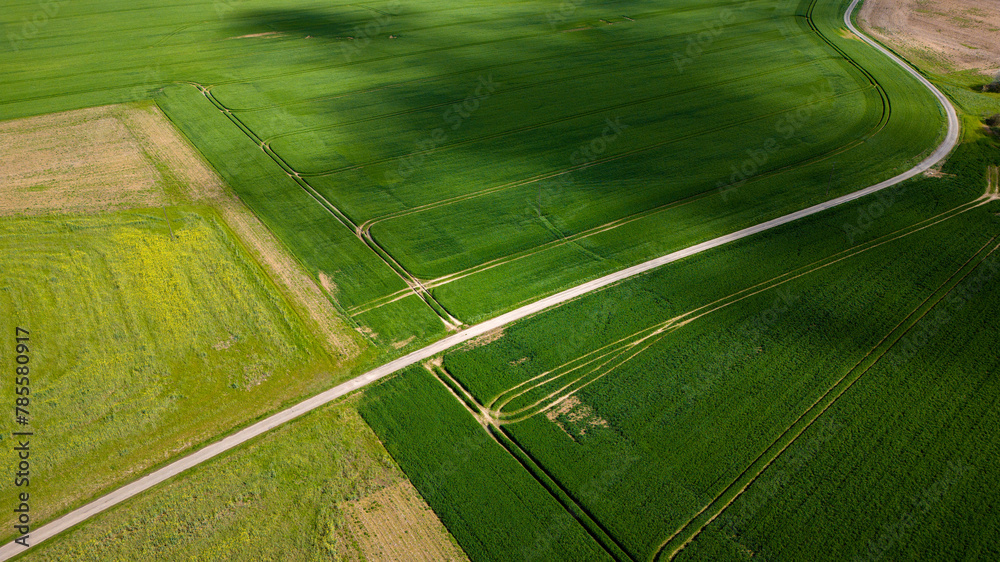 Prairie verte avec route sinueuse avec des traces géométriques au printemps vu de haut en drone en Normandie en France