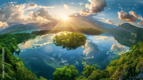 Beautiful summer landscape with lake and mountains. Panoramic view