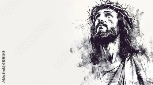 Pencil sketch of Jesus Christ on white background with copy space