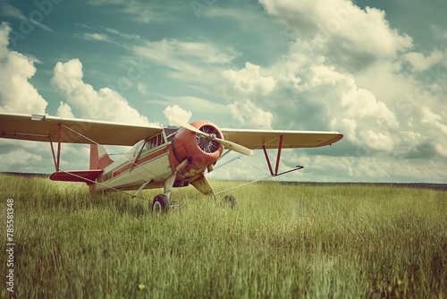 Vintage classic propeller airplane parked on a grassy field, nostalgic early aviation