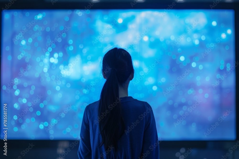 App demo near shoulder of a adult woman in front of a interactive digital board with a completely blue screen App demo near shoulder of a adult woman in front of a interactive digital board with a completely blue screen