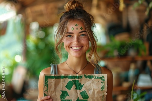 Portrait of happy smiling woman holding paper with green recycling sign over natural background. Eco living, environment and sustainability concept