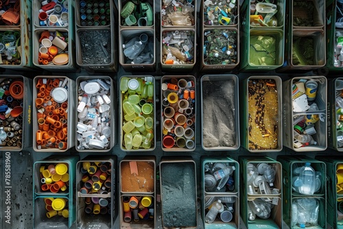 An aerial view of a recycling center with bins for sorting various materials like plastic, glass, and paper, showcasing the process of recycling and waste management in a circular economy photo
