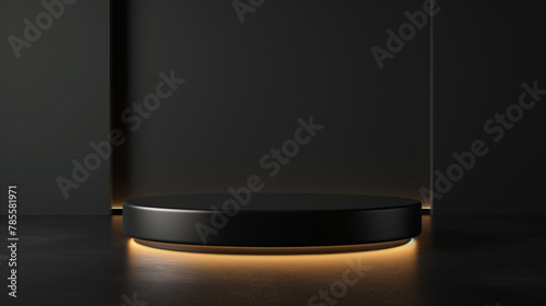 Elegant, empty black podium, subtle lighting from the sides, perfect for luxury product presentation, high contrast setting