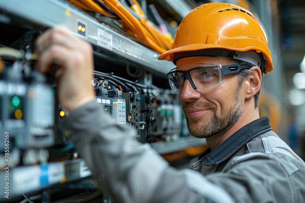Engineers installing AI-powered energy monitoring systems in the warehouse, which analyze data to identify opportunities for energy savings and reduce carbon footprint Engineers installing AI-powered energy monitoring systems in the warehouse, which analyze data to identify opportunities for energy savings and reduce carbon footprint
