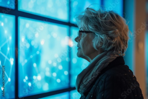 App display looking over a shoulder of a middle-aged woman in front of a interactive digital board with a fully blue screen