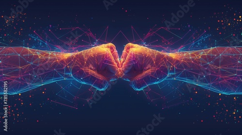 Digital Connectivity Concept Art, Colorful Abstract Handshake with Neon Network Lines photo