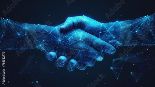  Digital Artwork of Low Poly Hands, Blue-Toned Network Connectivity Concept Illustration #785582770