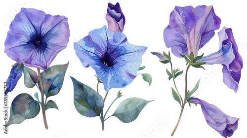 Fototapeta Naklejka Na Ścianę i Meble -  Collection of petunia flowers watercolor cutout png isolated on white or transparent background

